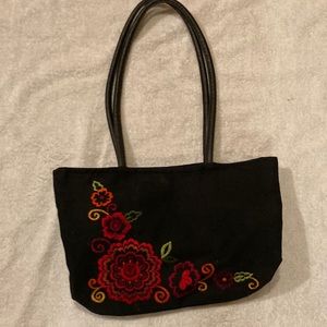 Black Cloth Satchel with Red/Orange/Gold Embroidered Floral Design